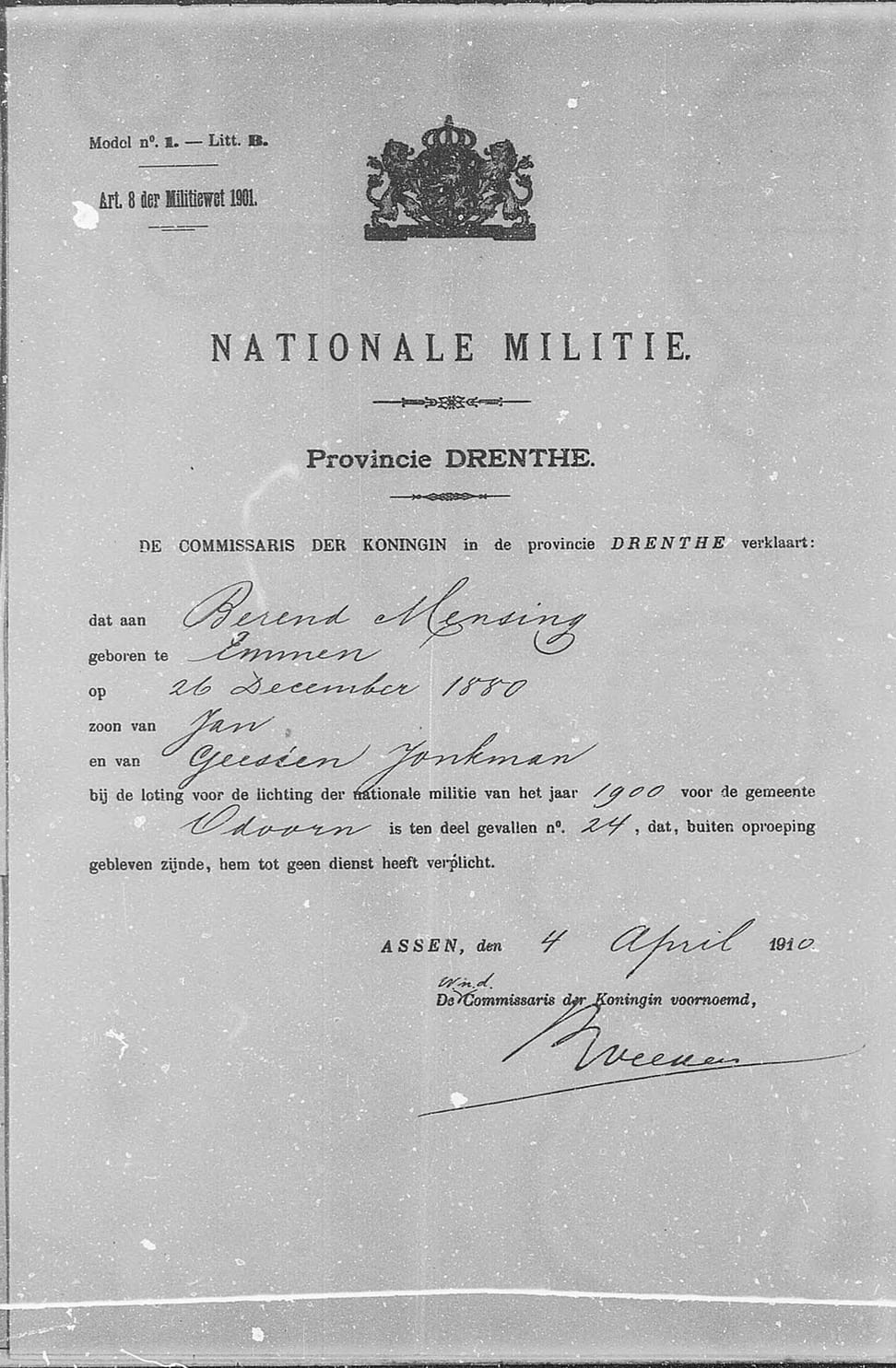 Register Nationale Militie Berend 1910
