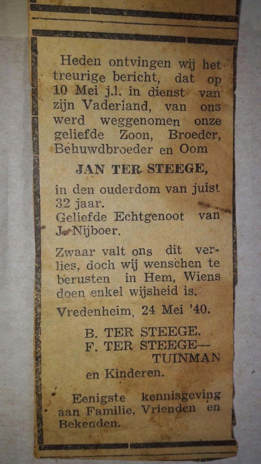 19400510 Overlijdensadvertentie Jan ter Steege