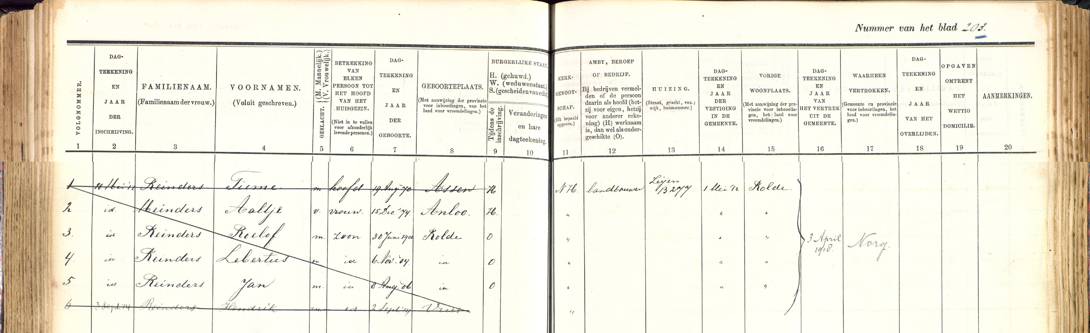 19180403 Bevolkingsregister gezin Tieme en Aaltje naar Norg