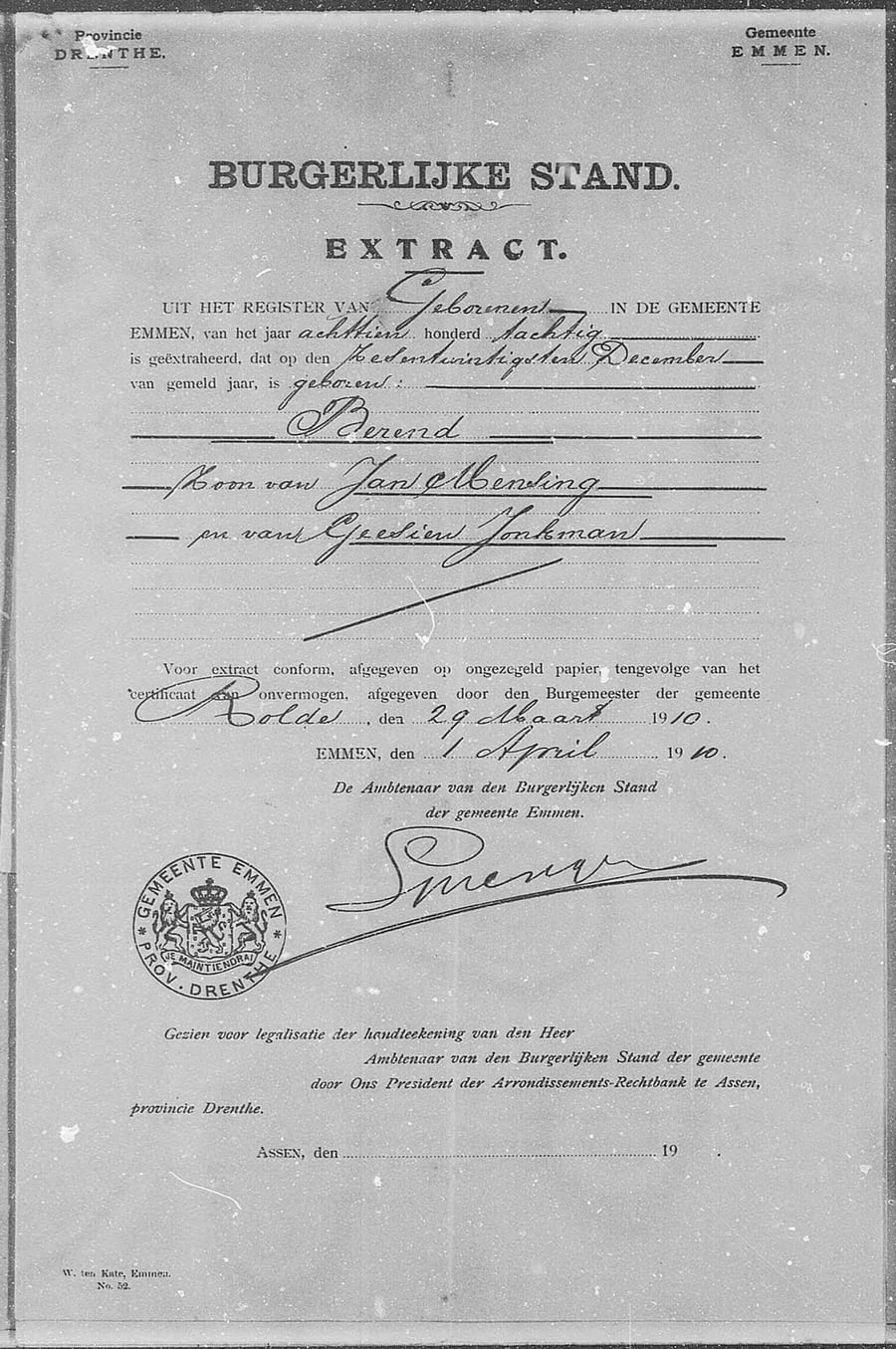 Register extract BS Berend 1910