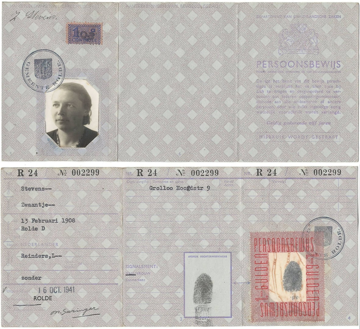 1941 persoonsbewijs Zwaantje Stevens