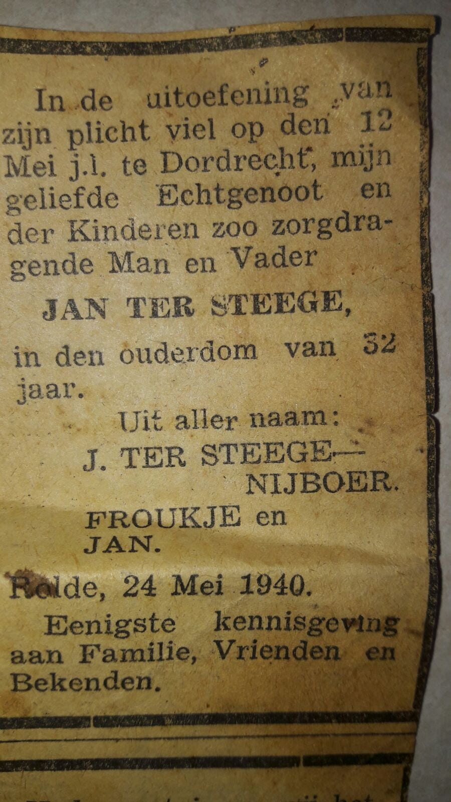 19400512 overlijdensadvertentie Jan ter Steege